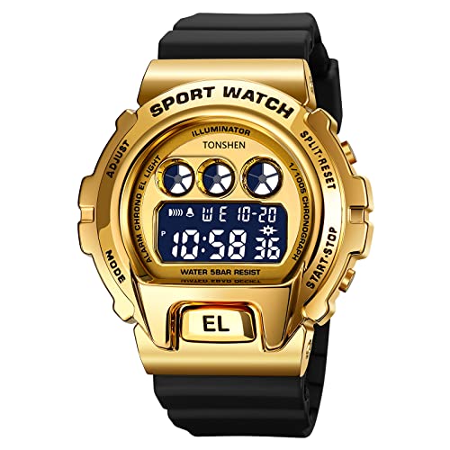 TONSHEN Herrenuhr Digitaluhr LED Militär Outdoor Sport Uhren Wasserdicht Plastik Lünette und Kautschuk Band Armbanduhr Alarm Stoppuhr (Gold) von TONSHEN