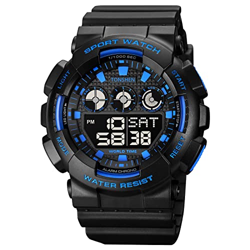 TONSHEN Herrenuhr Digitaluhr Outdoor LED Elektronik Licht Sportuhr Alarm Stoppuhr Plastik Uhren 50M Wasserdicht Countdown Armbanduhr (Blau) von TONSHEN