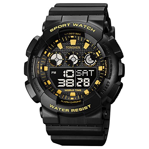 TONSHEN Herrenuhr Digitaluhr Outdoor LED Elektronik Licht Sportuhr Alarm Stoppuhr Plastik Uhren 50M Wasserdicht Countdown Armbanduhr (Gelb) von TONSHEN