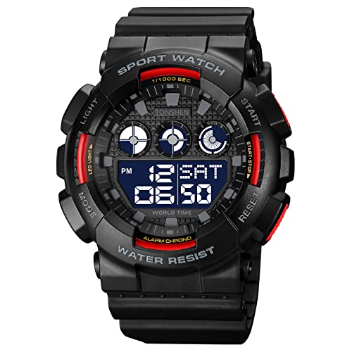 TONSHEN Herrenuhr Digitaluhr Outdoor LED Elektronik Licht Sportuhr Alarm Stoppuhr Plastik Uhren 50M Wasserdicht Countdown Armbanduhr (Rot) von TONSHEN