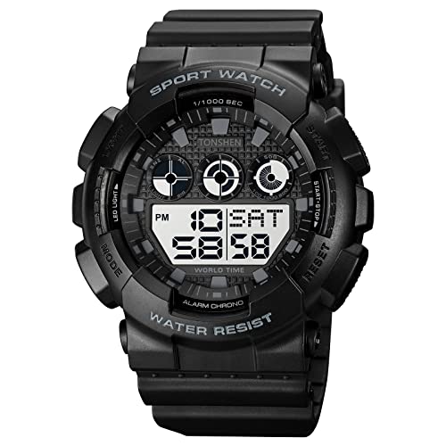 TONSHEN Herrenuhr Digitaluhr Outdoor LED Elektronik Licht Sportuhr Alarm Stoppuhr Plastik Uhren 50M Wasserdicht Countdown Armbanduhr (Schwarz) von TONSHEN