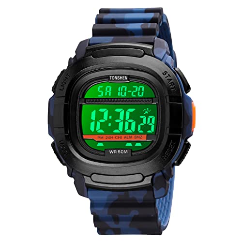 TONSHEN Herrenuhr Digitaluhr Outdoor Sportuhr LED Elektronik Doppelte Zeit Alarm Stoppuhr Plastik Uhren 50M Wasserdicht Countdown Armbanduhr (Blau) von TONSHEN