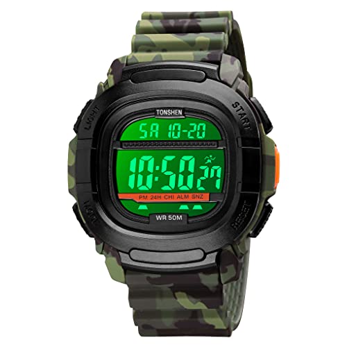 TONSHEN Herrenuhr Digitaluhr Outdoor Sportuhr LED Elektronik Doppelte Zeit Alarm Stoppuhr Plastik Uhren 50M Wasserdicht Countdown Armbanduhr (Grün) von TONSHEN