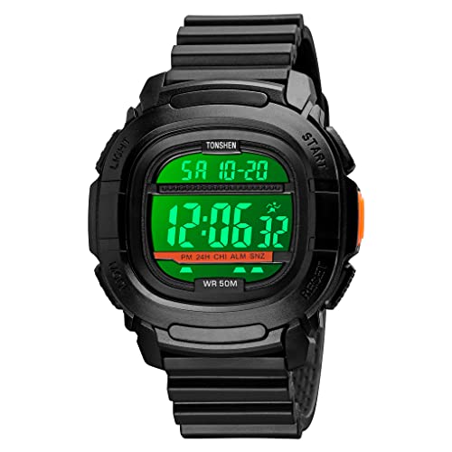 TONSHEN Herrenuhr Digitaluhr Outdoor Sportuhr LED Elektronik Doppelte Zeit Alarm Stoppuhr Plastik Uhren 50M Wasserdicht Countdown Armbanduhr (Schwarz) von TONSHEN