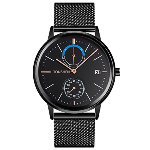 TONSHEN Herrenuhr Edelstahl Analog Quarz Fashion Datum Woche Uhren (Schwarz) von TONSHEN