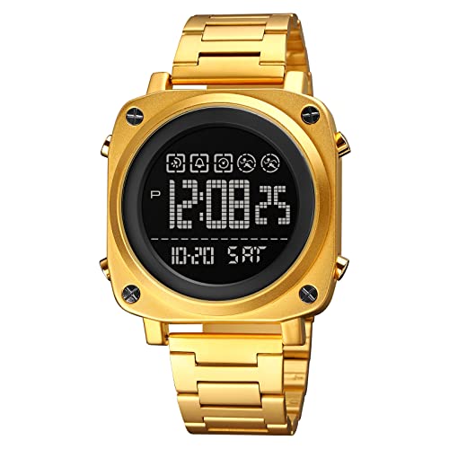 TONSHEN Herrenuhr Edelstahl Digital Uhren Fashion Uhr LED Elektronik Outdoor Multifunktional Alarm Stoppuhr Casual Sportuhr Armbanduhr (Gold) von TONSHEN