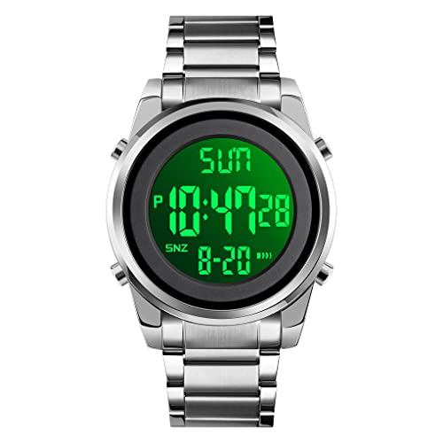 TONSHEN Herrenuhr Edelstahl Digitaluhr LED Elektronik Outdoor Multifunktional Doppelte Zeit Countdown Alarm Stoppuhr Uhren Casual Sportuhr Armbanduhr (Silber) von TONSHEN