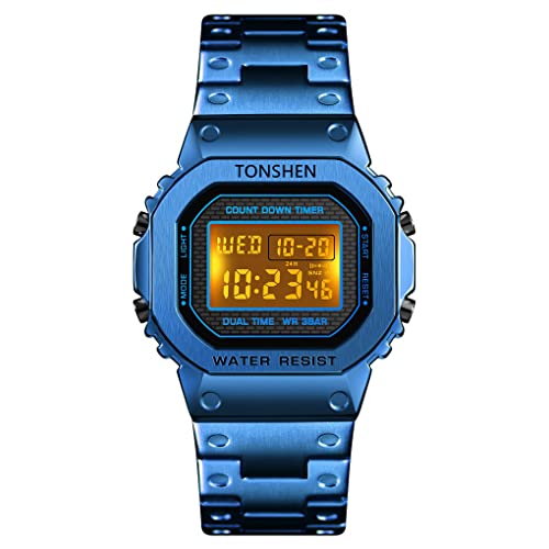 TONSHEN Herrenuhr Edelstahl Digitaluhr Sportuhr LED Elektronik Outdoor Multifunktional Doppelte Zeit Countdown Alarm Stoppuhr Uhren Casual Armbanduhr (Blau) von TONSHEN