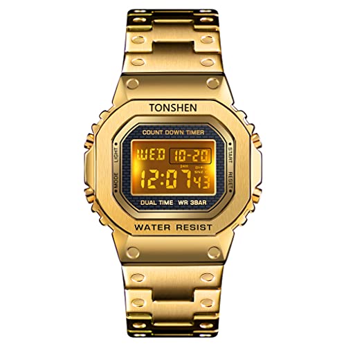 TONSHEN Herrenuhr Edelstahl Digitaluhr Sportuhr LED Elektronik Outdoor Multifunktional Doppelte Zeit Countdown Alarm Stoppuhr Uhren Casual Armbanduhr (Gold) von TONSHEN