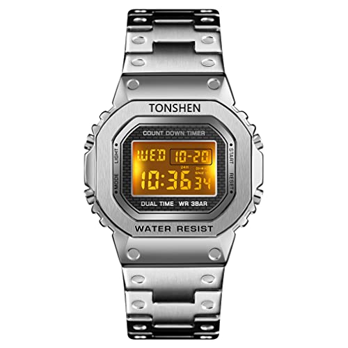 TONSHEN Herrenuhr Edelstahl Digitaluhr Sportuhr LED Elektronik Outdoor Multifunktional Doppelte Zeit Countdown Alarm Stoppuhr Uhren Casual Armbanduhr (Silber) von TONSHEN