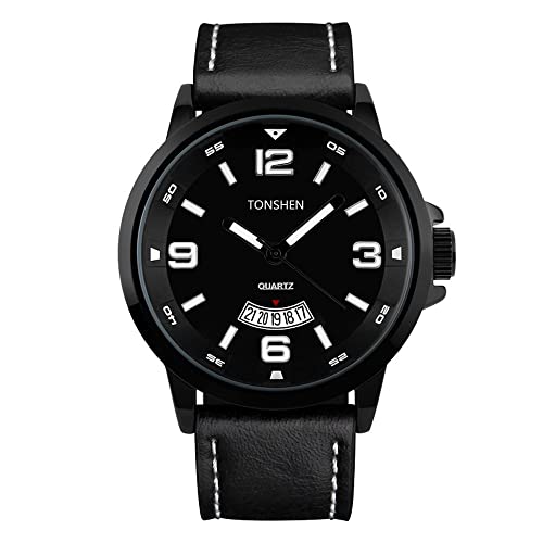 TONSHEN Herrenuhr Edelstahl Lünette Leder Band Uhren Kalender Analog Quarzuhr Armbanduhr (Schwarz) von TONSHEN