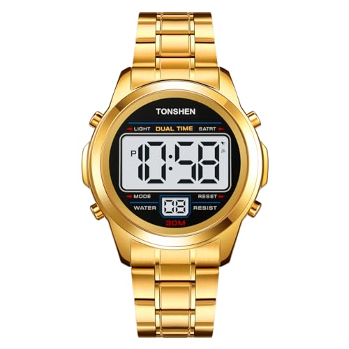 TONSHEN Herrenuhr Edelstahl Uhr Sportuhr Digitaluhr LED Elektronik Licht Multifunktional Alarm Stoppuhr Uhren (Gold) von TONSHEN