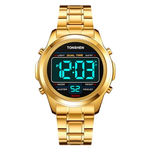 TONSHEN Herrenuhr Edelstahl Uhr Sportuhr Digitaluhr LED Elektronik Licht Multifunktional Alarm Stoppuhr Uhren (Gold 2) von TONSHEN