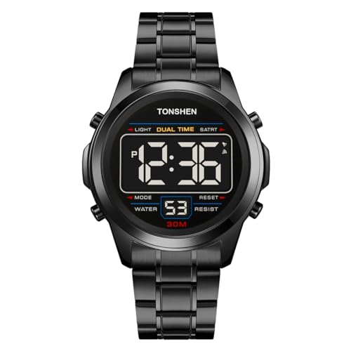 TONSHEN Herrenuhr Edelstahl Uhr Sportuhr Digitaluhr LED Elektronik Licht Multifunktional Alarm Stoppuhr Uhren (Schwarz 2) von TONSHEN