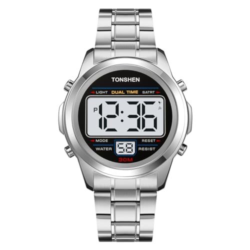 TONSHEN Herrenuhr Edelstahl Uhr Sportuhr Digitaluhr LED Elektronik Licht Multifunktional Alarm Stoppuhr Uhren (Silber) von TONSHEN