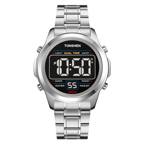 TONSHEN Herrenuhr Edelstahl Uhr Sportuhr Digitaluhr LED Elektronik Licht Multifunktional Alarm Stoppuhr Uhren (Silber 2) von TONSHEN