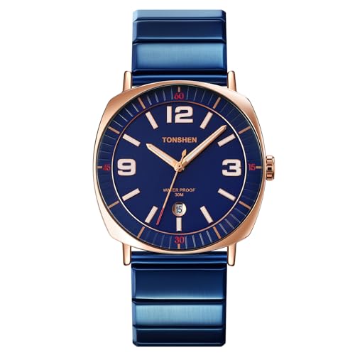 TONSHEN Herrenuhr Edelstahl Uhren Datum Einfaches Stil Analog Quarz Armbanduhr (Blau) von TONSHEN