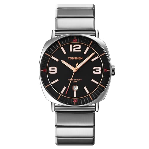 TONSHEN Herrenuhr Edelstahl Uhren Datum Einfaches Stil Analog Quarz Armbanduhr (Silber Schwarz) von TONSHEN
