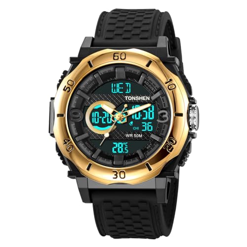 TONSHEN Herrenuhr Elektron Thermometer Sportuhr Outdoor Militär Wasserdicht Uhren LED Licht Analog Quarz DREI Zeit Digitaluhr Alarm Countdown Armbanduhr (Gold) von TONSHEN