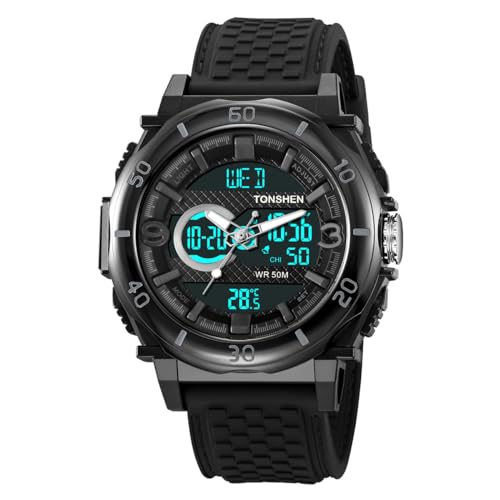 TONSHEN Herrenuhr Elektron Thermometer Sportuhr Outdoor Militär Wasserdicht Uhren LED Licht Analog Quarz DREI Zeit Digitaluhr Alarm Countdown Armbanduhr (Schwarz 2) von TONSHEN
