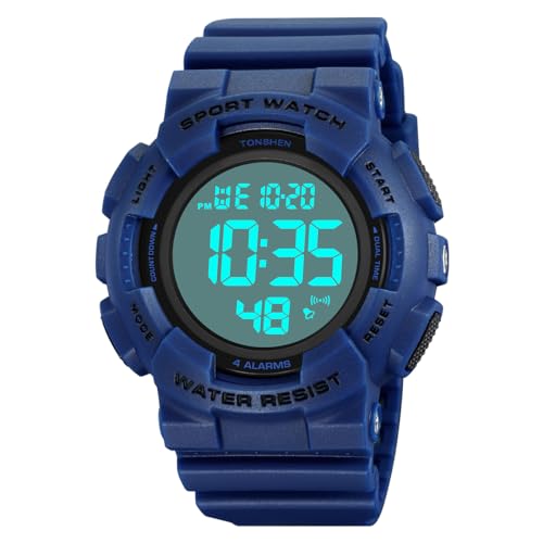 TONSHEN Herrenuhr Elektronik Metronom Outdoor 50M Wasserdicht Sportuhr LED Doppelte Zeit Alarm Stoppuhr Digitaluhr Taktik Militär Multifunktional Plastik Uhren (Blau) von TONSHEN