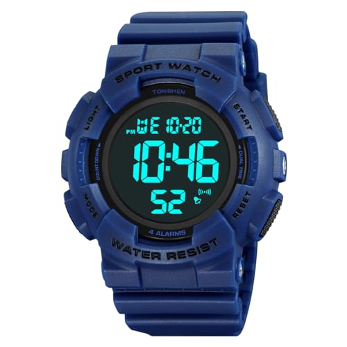 TONSHEN Herrenuhr Elektronik Metronom Outdoor 50M Wasserdicht Sportuhr LED Doppelte Zeit Alarm Stoppuhr Digitaluhr Taktik Militär Multifunktional Plastik Uhren (Blau 2) von TONSHEN