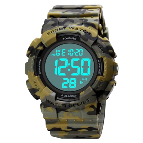 TONSHEN Herrenuhr Elektronik Metronom Outdoor 50M Wasserdicht Sportuhr LED Doppelte Zeit Alarm Stoppuhr Digitaluhr Taktik Militär Multifunktional Plastik Uhren (Camo) von TONSHEN