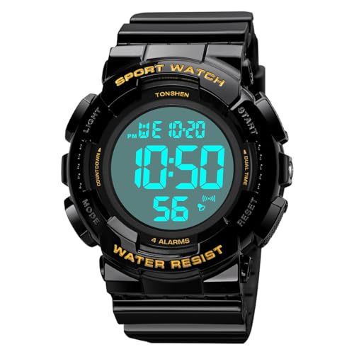 TONSHEN Herrenuhr Elektronik Metronom Outdoor 50M Wasserdicht Sportuhr LED Doppelte Zeit Alarm Stoppuhr Digitaluhr Taktik Militär Multifunktional Plastik Uhren (Gelb) von TONSHEN