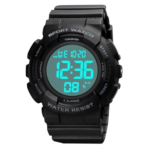 TONSHEN Herrenuhr Elektronik Metronom Outdoor 50M Wasserdicht Sportuhr LED Doppelte Zeit Alarm Stoppuhr Digitaluhr Taktik Militär Multifunktional Plastik Uhren (Schwarz) von TONSHEN