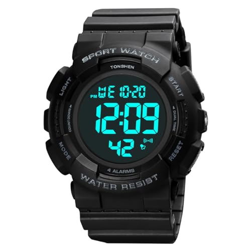 TONSHEN Herrenuhr Elektronik Metronom Outdoor 50M Wasserdicht Sportuhr LED Doppelte Zeit Alarm Stoppuhr Digitaluhr Taktik Militär Multifunktional Plastik Uhren (Schwarz 2) von TONSHEN