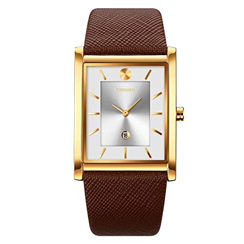 TONSHEN Herrenuhr Fashion Analog Quarz Uhren Elegant Edelstahl Lünette mit Leder Band Kalender Casual Armbanduhr (Gold-Braun) von TONSHEN