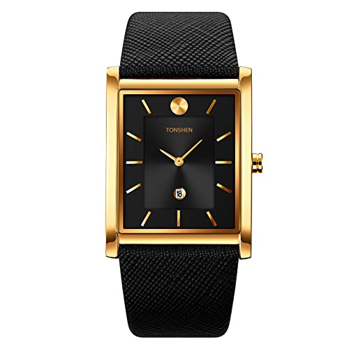 TONSHEN Herrenuhr Fashion Analog Quarz Uhren Elegant Edelstahl Lünette mit Leder Band Kalender Casual Armbanduhr (Gold-Schwarz) von TONSHEN