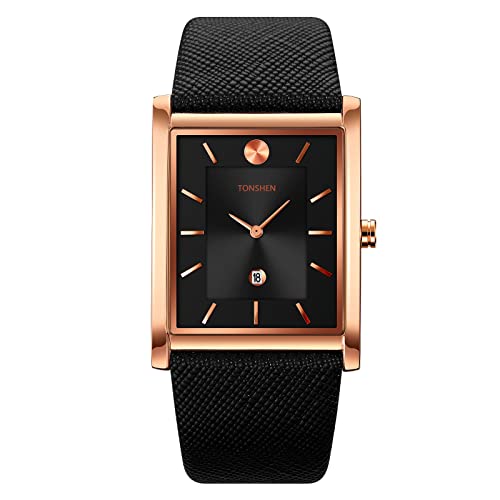 TONSHEN Herrenuhr Fashion Analog Quarz Uhren Elegant Edelstahl Lünette mit Leder Band Kalender Casual Armbanduhr (Rose-Schwarz) von TONSHEN