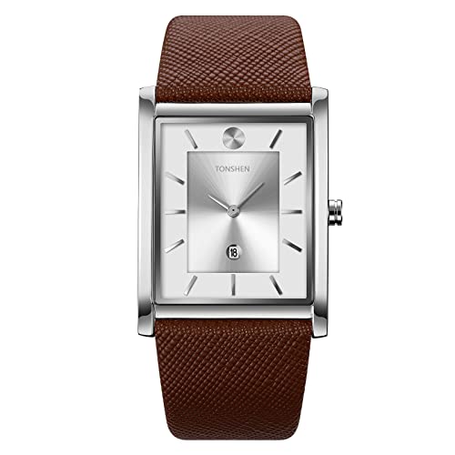 TONSHEN Herrenuhr Fashion Analog Quarz Uhren Elegant Edelstahl Lünette mit Leder Band Kalender Casual Armbanduhr (Silber-Braun) von TONSHEN