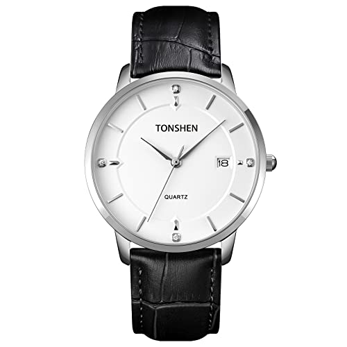 TONSHEN Herrenuhr Fashion Edelstahl Uhren Analog Quarz Datum Drache Armbanduhr Edelstahl/Leder Band (Silber-Leder) von TONSHEN