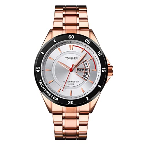 TONSHEN Herrenuhr Fashion Edelstahl Uhren Datum Woche Casual Analog Quarz Armbanduhr (Rosa) von TONSHEN