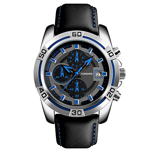 TONSHEN Herrenuhr Fashion Uhren Edelstahl Lünette Stoppuhr Kalender Analog Quarz Outdoor Sport Armbanduhr mit Leder Band (Blau) von TONSHEN
