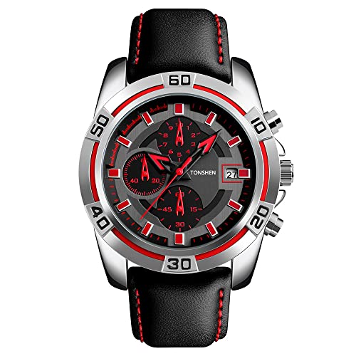 TONSHEN Herrenuhr Fashion Uhren Edelstahl Lünette Stoppuhr Kalender Analog Quarz Outdoor Sport Armbanduhr mit Leder Band (Rot) von TONSHEN