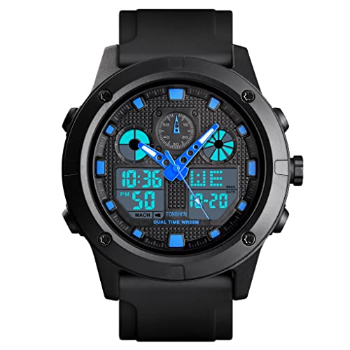 TONSHEN Herrenuhr LED Elektronik Analog Quarz Doppelte Zeit Uhren Sportuhr Digitaluhr Outdoor Militär Armbanduhr 50M Wasserdicht (Blau) von TONSHEN