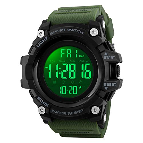 TONSHEN Herrenuhr LED Elektronik Multifunktional 50M Wasserdicht Uhren Doppelte Zeit Digitauhr Sportuhr Alarm Plastik Armbanduhr (Grün) von TONSHEN
