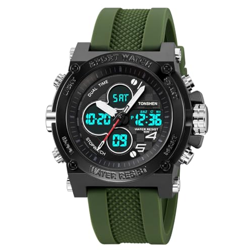 TONSHEN Herrenuhr Militäruhr Outdoor Uhren LED Elektronik Analog Quarz Double Zeit Wasserdicht Sportuhr Digitaluhr Multifunktional Uhr (Grün) von TONSHEN