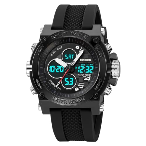 TONSHEN Herrenuhr Militäruhr Outdoor Uhren LED Elektronik Analog Quarz Double Zeit Wasserdicht Sportuhr Digitaluhr Multifunktional Uhr (Schwarz 2) von TONSHEN