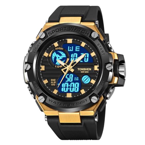 TONSHEN Herrenuhr Outdoor Militär Uhren LED Elektronik Analog Quarz Double Zeit Digitaluhr Multifunktional Wasserdicht Sportuhr Kautschuk Armband (Gelb) von TONSHEN