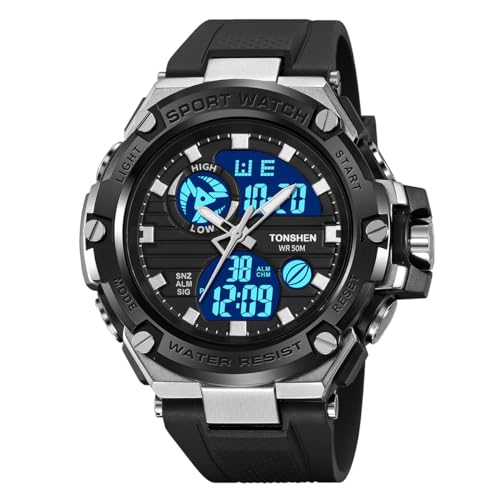 TONSHEN Herrenuhr Outdoor Militär Uhren LED Elektronik Analog Quarz Double Zeit Digitaluhr Multifunktional Wasserdicht Sportuhr Kautschuk Armband (Weiß) von TONSHEN
