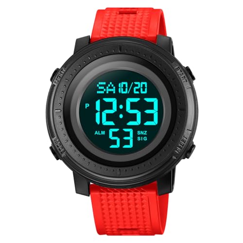 TONSHEN Herrenuhr Outdoor Multifunktional Sportuhr LED Elektronik Doppelte Zeit Alarm Stoppuhr Digitaluhr Taktik Militär Plastik Uhren Wasserdicht (Rot) von TONSHEN
