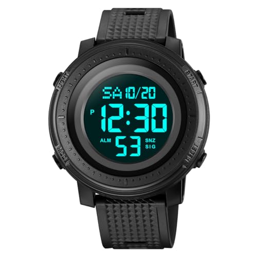 TONSHEN Herrenuhr Outdoor Multifunktional Sportuhr LED Elektronik Doppelte Zeit Alarm Stoppuhr Digitaluhr Taktik Militär Plastik Uhren Wasserdicht (Schwarz) von TONSHEN