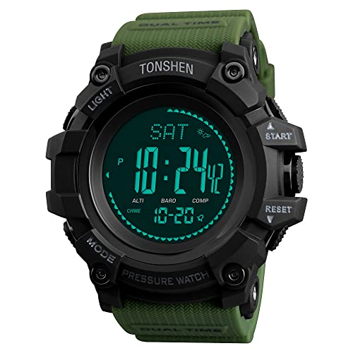 TONSHEN Herrenuhr Outdoor Sport Militär Digital Kompass Uhren Multifunktional Höhenmesser Thermometer Schrittzähler LED Double Zeit Plastik Armbanduhr (Grün) von TONSHEN