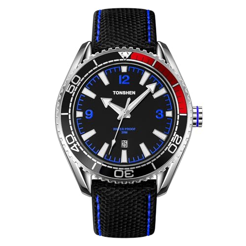 TONSHEN Herrenuhr Sport Design Analog Quarz Uhren Edelstahl Lünette mit Leder Outdoor Kalender Armbanduhr (Blau) von TONSHEN