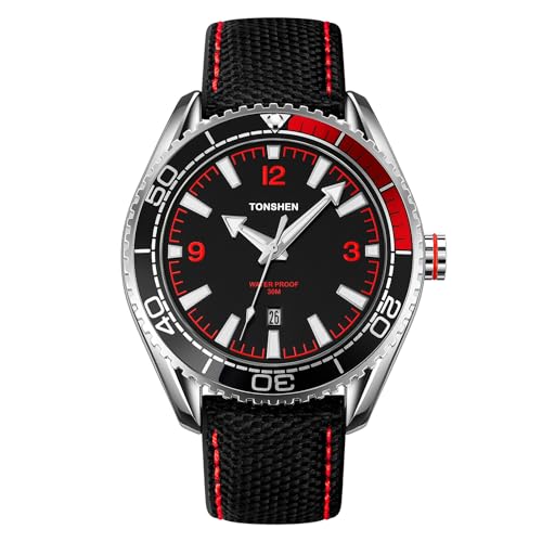 TONSHEN Herrenuhr Sport Design Analog Quarz Uhren Edelstahl Lünette mit Leder Outdoor Kalender Armbanduhr (Rot) von TONSHEN