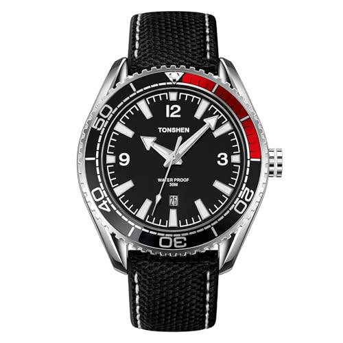 TONSHEN Herrenuhr Sport Design Analog Quarz Uhren Edelstahl Lünette mit Leder Outdoor Kalender Armbanduhr (Weiß) von TONSHEN